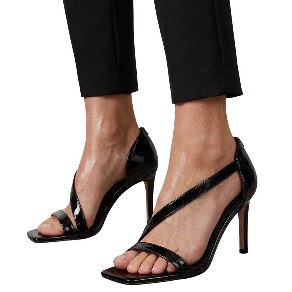 Calvin Klein Black Patent Asymmetrical Strap Square Toe Stiletto Heels Size 5.5M